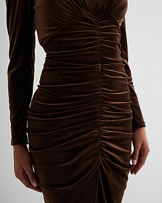 Velvet V-Neck Puff Sleeve Ruched Midi Sheath Dress
