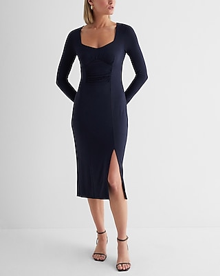 Sweetheart Neckline Long Sleeve Ruched Side Slit Midi Dress