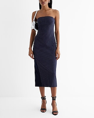 Pinstripe Denim Back Strapless Midi Sheath Dress Express