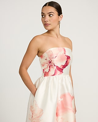 Floral Satin Strapless Fit And Flare Maxi Dress With Pockets | Express