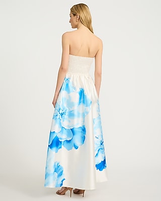 Floral Satin Strapless Fit And Flare Maxi Dress With Pockets | Express