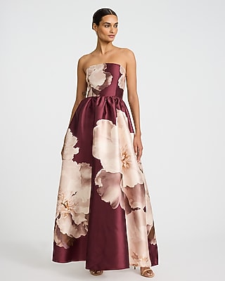 Floral Satin Strapless Fit And Flare Maxi Dress With Pockets | Express