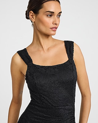 Lace Scoop Neck Sleeveless Ruched High-Low Maxi Dress