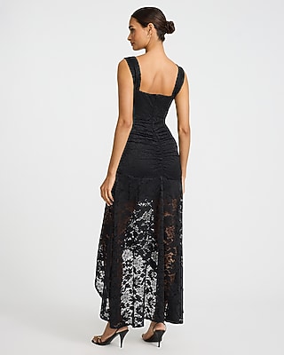 Lace Scoop Neck Sleeveless Ruched High-Low Maxi Dress