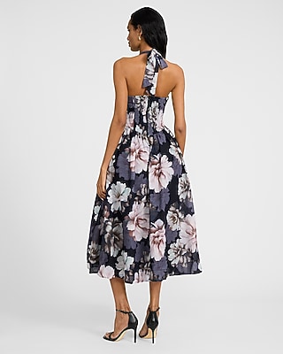 Floral Halter Neck Fit and Flare Midi Dress