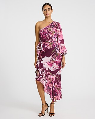 Satin Floral One Shoulder Asymmetrical Ruffle Maxi Dress | Express