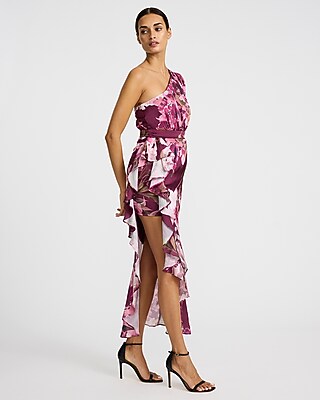 Satin Floral One Shoulder Asymmetrical Ruffle Maxi Dress - image 2