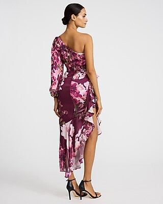 Satin Floral One Shoulder Asymmetrical Ruffle Maxi Dress - image 3