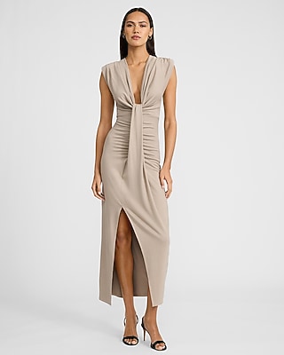 Deep V-neck Draped Ruched Knit Maxi Dress | Express