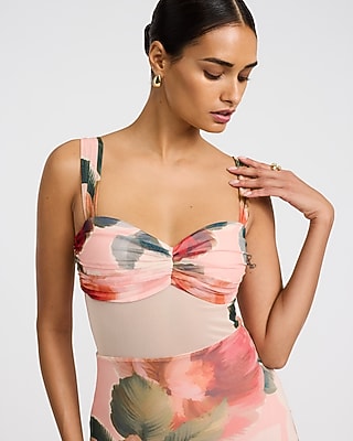 Floral Sweetheart Mesh Pieced Sheath Maxi Dress