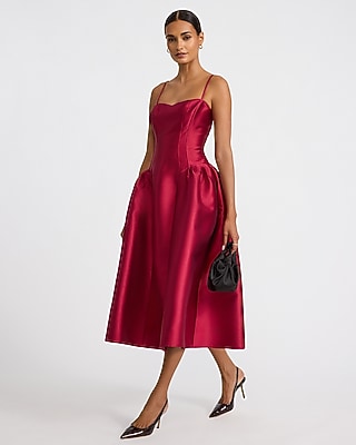 Harlow Satin Drop Waist Midi Dress with Pockets