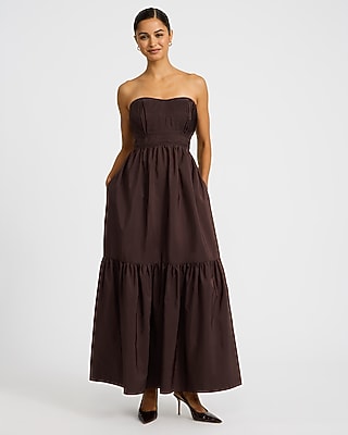Strapless Sweetheart Pintuck Tiered Maxi Dress with Pockets