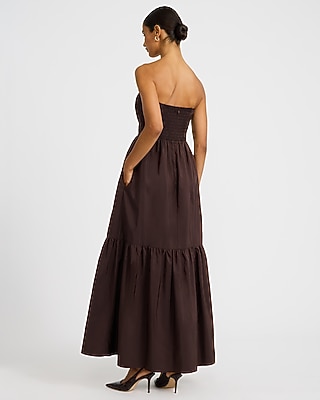 Strapless Sweetheart Pintuck Tiered Maxi Dress with Pockets