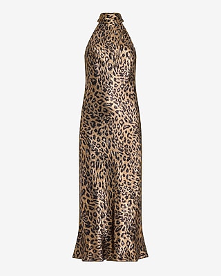 Leopard Metallic Satin Halter Scarf Midi Slip Dress