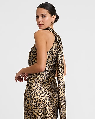 Leopard Metallic Satin Halter Scarf Midi Slip Dress