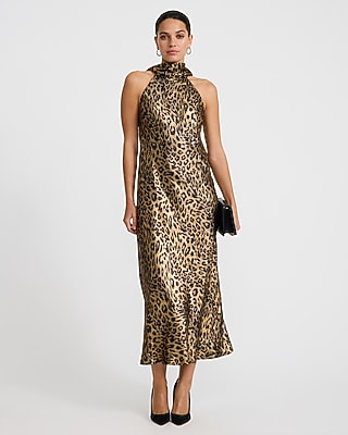 Leopard Metallic Satin Halter Scarf Midi Slip Dress