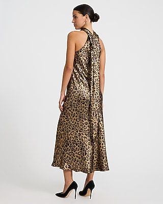 Leopard Metallic Satin Halter Scarf Midi Slip Dress