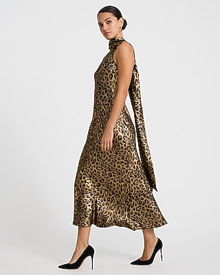 Leopard Metallic Satin Halter Scarf Midi Slip Dress