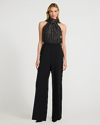 Mixed Media Metallic Halter Wide Leg Jumpsuit with Pockets