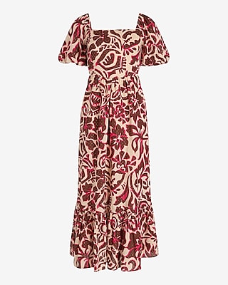 Printed Metallic Dot Square Neck Puff Sleeve Tiered Poplin Maxi Dress