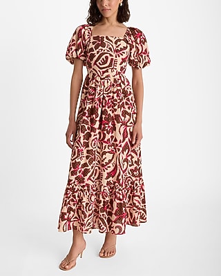 Printed Metallic Dot Square Neck Puff Sleeve Tiered Poplin Maxi Dress |  Express