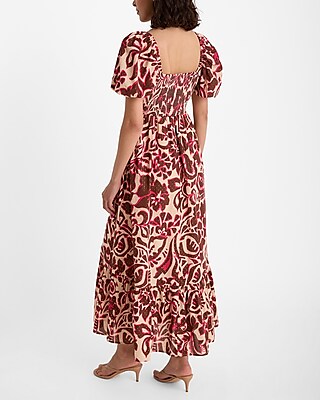 Printed Metallic Dot Square Neck Puff Sleeve Tiered Poplin Maxi Dress