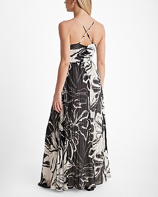 Printed V-neck Pleated Cross Back Maxi Dress | Express