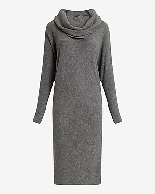 Ribbed Knit Cowl Neck Long Sleeve Midi Shift Dress | Express