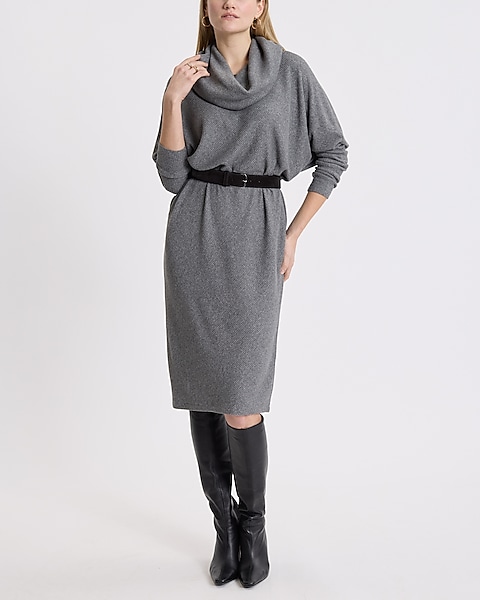 Ribbed Knit Cowl Neck Long Sleeve Midi Shift Dress | Express Ribbed Knit Cowl Neck Long Sleeve Midi Shift Dress | Express