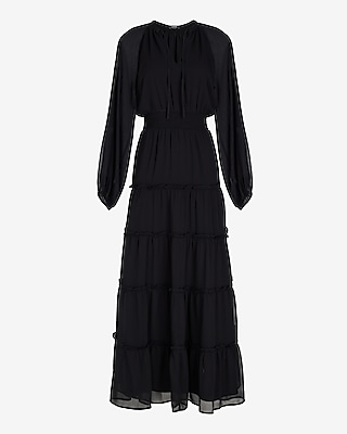 TEST- LONG SLV SMOCKED WAIST TIERED MAXI- SOLID- 9420187:PITCH BLACK:XL