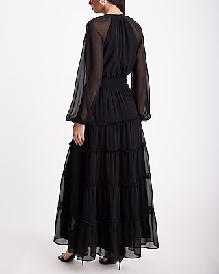 TEST- LONG SLV SMOCKED WAIST TIERED MAXI- SOLID- 9420187:PITCH BLACK:XL