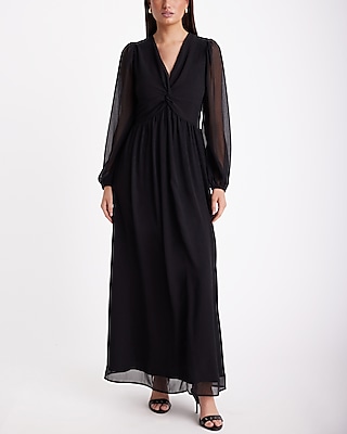 V-Neck Long Sleeve Twist Front Maxi Dress