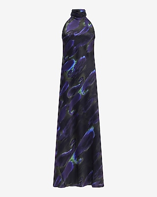 Printed Satin Tie Halter Maxi Slip Dress
