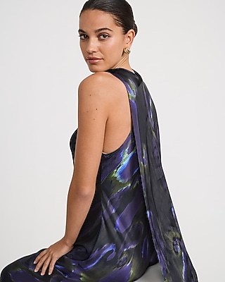 Printed Satin Tie Halter Maxi Slip Dress