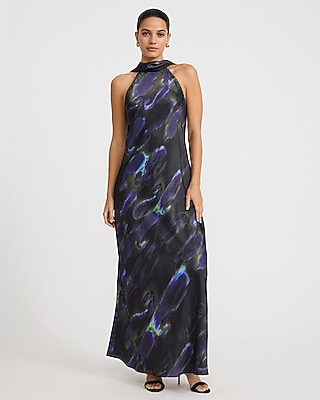 Printed Satin Tie Halter Maxi Slip Dress