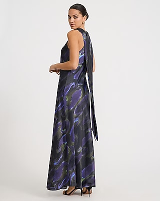 Printed Satin Tie Halter Maxi Slip Dress