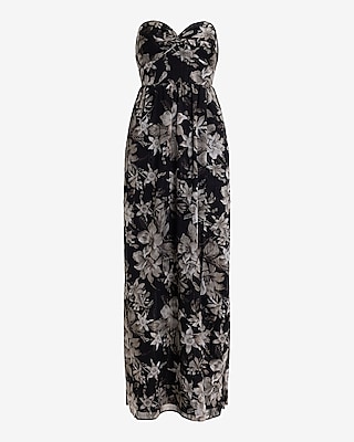 Metallic Floral Strapless Twist Front Maxi Dress