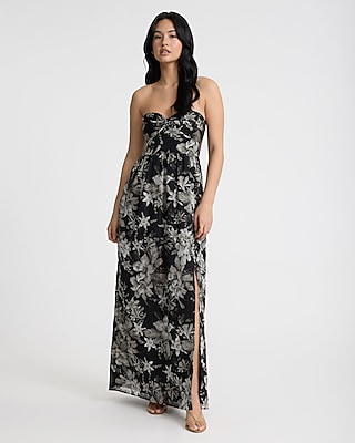 Metallic Floral Strapless Twist Front Maxi Dress