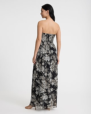 Metallic Floral Strapless Twist Front Maxi Dress