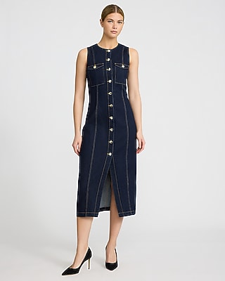 Denim Crew Neck Sleeveless Button Front Midi Dress
