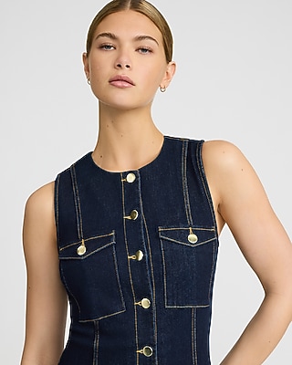 Denim Crew Neck Sleeveless Button Front Midi Dress