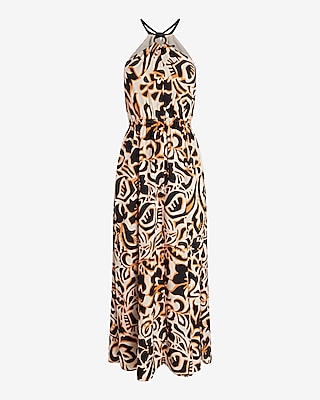 Printed Halter Sleeveless O-Ring Maxi Dress