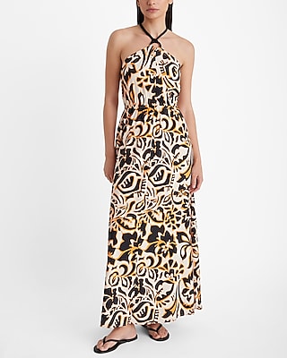 Printed Halter Sleeveless O-Ring Maxi Dress