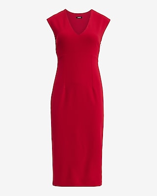 V-Neck Cap Sleeve Back Cutout Midi Sheath Dress