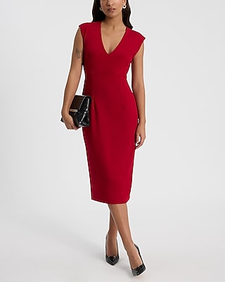 V-Neck Cap Sleeve Back Cutout Midi Sheath Dress