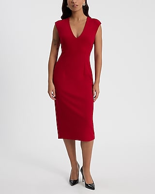 V-Neck Cap Sleeve Back Cutout Midi Sheath Dress