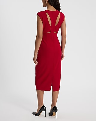 V-Neck Cap Sleeve Back Cutout Midi Sheath Dress