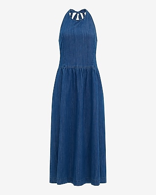 white christmas dresses Backless Halter Neck Maxi Denim Dress – Blue Zone Planet