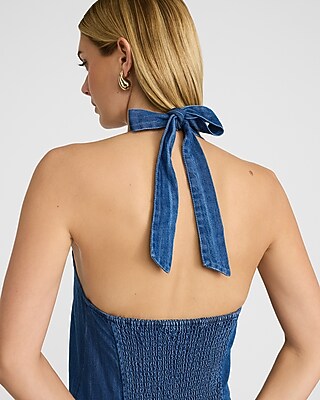 pocket denim dress Light Wash Halter Neck Mini Denim Skater Dress