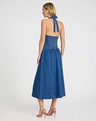 Denim Halter Drop Waist Fit And Flare Smocked Back Midi Dress